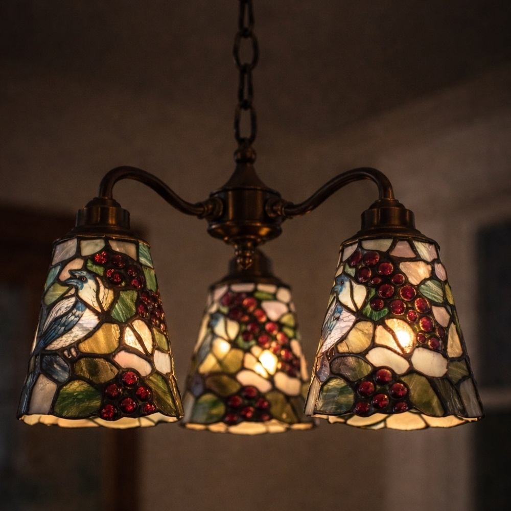 Antique Vtg Tiffany Style Stained Glass Grape & Blue Jay Light Shades Set of 3
